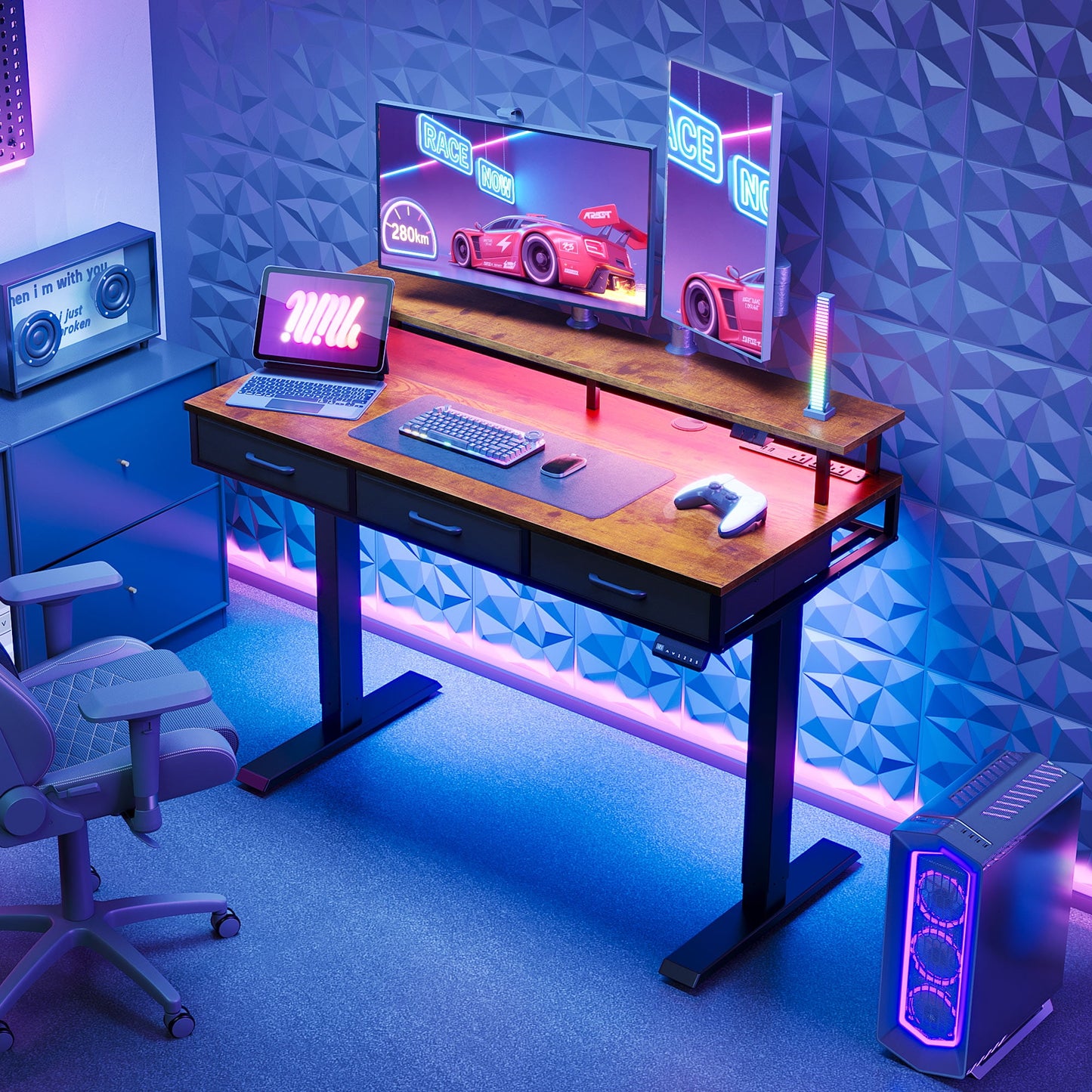 Casacomoda 48“ Electric Standing Desk with Power Outlets and LED Lights, Adjustable Height Sit Stand Desk with Monitor Shelf & 3 Fabric Drawers for Home Office, Vintage