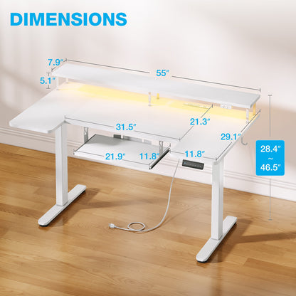 Casacomoda 55 Inch U-Shaped Electric Standing Desk with Power Outlets & LED Lights, Height Adjustable Desk with Keyboard Tray, Sit Stand Table with Monitor Stand for Home, Office, White