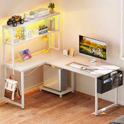 Casacomoda 43 Inch L Shaped Desk with LED Light & Power Outlet, Reversible L Shaped Computer Table with Shelf & Hook for Home Office, White