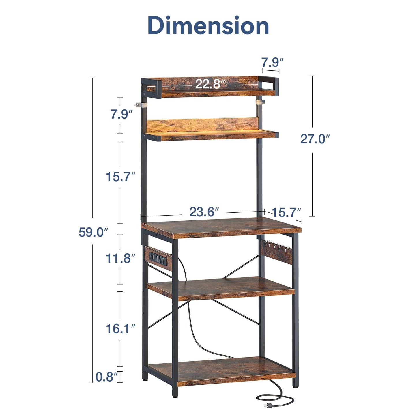 Bakers Rack with Power Outlet & LED Lights, Coffee Bar with Storage 5-Tiers, Microwave Stand Kitchen Shelf 16.5 * 23.6 * 59 inches, Kitchen Coffee Rack, Rustic Brown