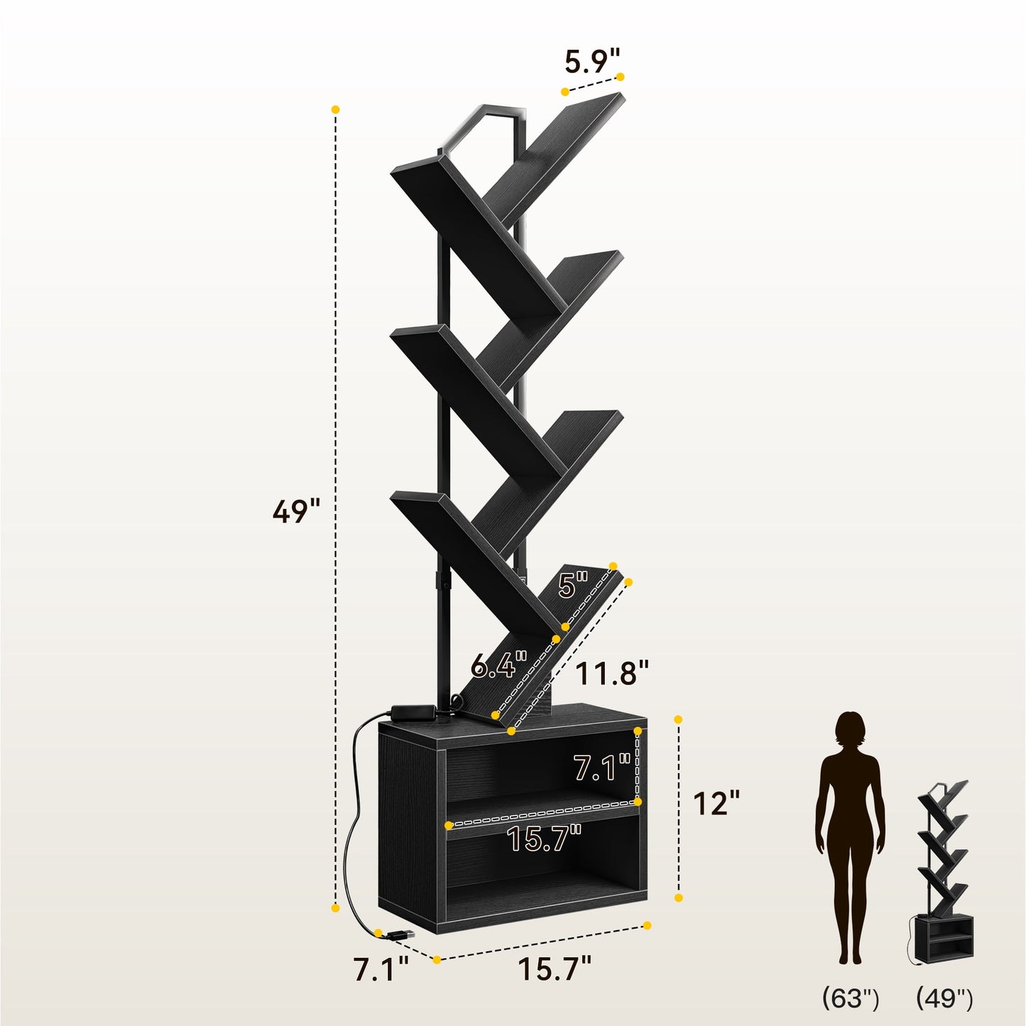 Casacomoda 6 Tier Tall Tree Bookshelf with LED Lights, Bookcase with Double Storage Cabinet, Narrow Corner Display Shelf, Floor Standing Organizer for Living Room, Bedroom, Home Office, Black