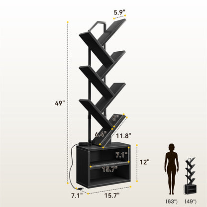 Casacomoda 6 Tier Tall Tree Bookshelf with LED Lights, Bookcase with Double Storage Cabinet, Narrow Corner Display Shelf, Floor Standing Organizer for Living Room, Bedroom, Home Office, Black