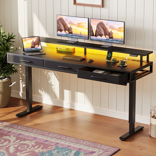 Casacomoda 63“ Electric Standing Desk with Power Outlets and LED Lights, Adjustable Height Sit Stand Desk with Monitor Shelf & 3 Fabric Drawers for Home Office, Black