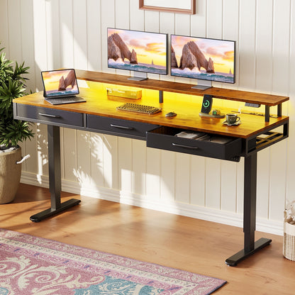 Casacomoda 63“ Electric Standing Desk with Power Outlets and LED Lights, Adjustable Height Sit Stand Desk with Monitor Shelf & 3 Fabric Drawers for Home Office, Vintage
