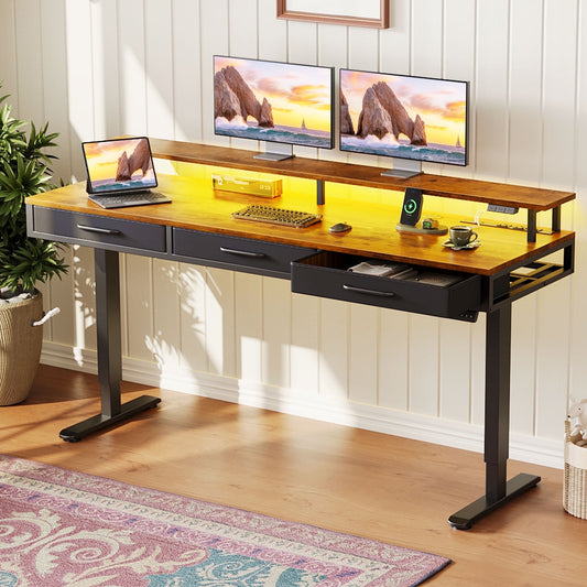 Casacomoda 63“ Electric Standing Desk with Power Outlets and LED Lights, Adjustable Height Sit Stand Desk with Monitor Shelf & 3 Fabric Drawers for Home Office, Vintage