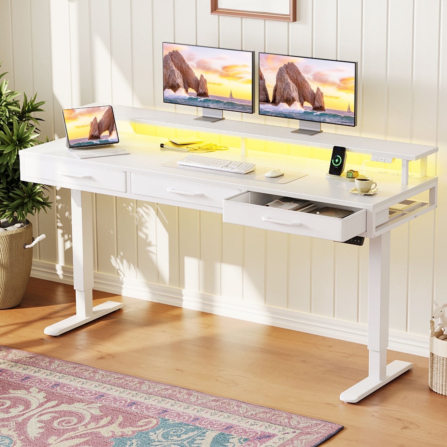 Casacomoda 63” Electric Standing Desk with Power Outlets and LED Lights, Adjustable Height Sit Stand Desk with Monitor Shelf & 3 Fabric Drawers for Home Office, White