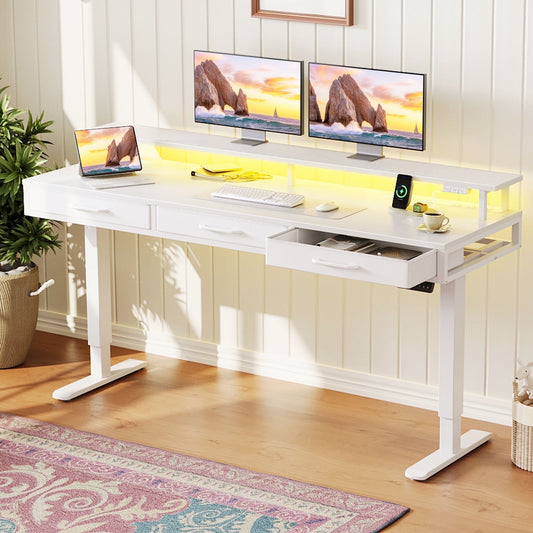Casacomoda 63” Electric Standing Desk with Power Outlets and LED Lights, Adjustable Height Sit Stand Desk with Monitor Shelf & 3 Fabric Drawers for Home Office, White