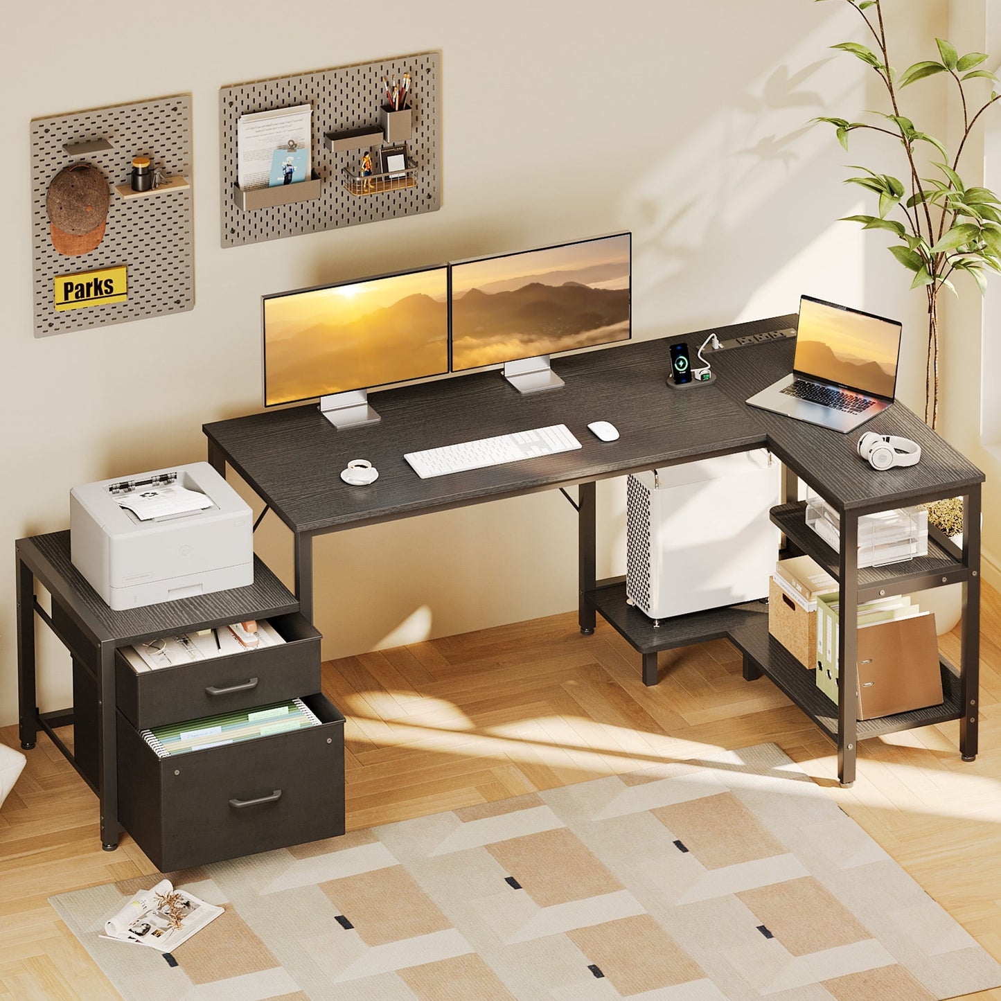 63" Office Desk with Power Outlets & CPU Holder, L-Shaped Corner Desk with File Cabinet, Storage Shelf & 2 Drawers for Large Spaces, Black