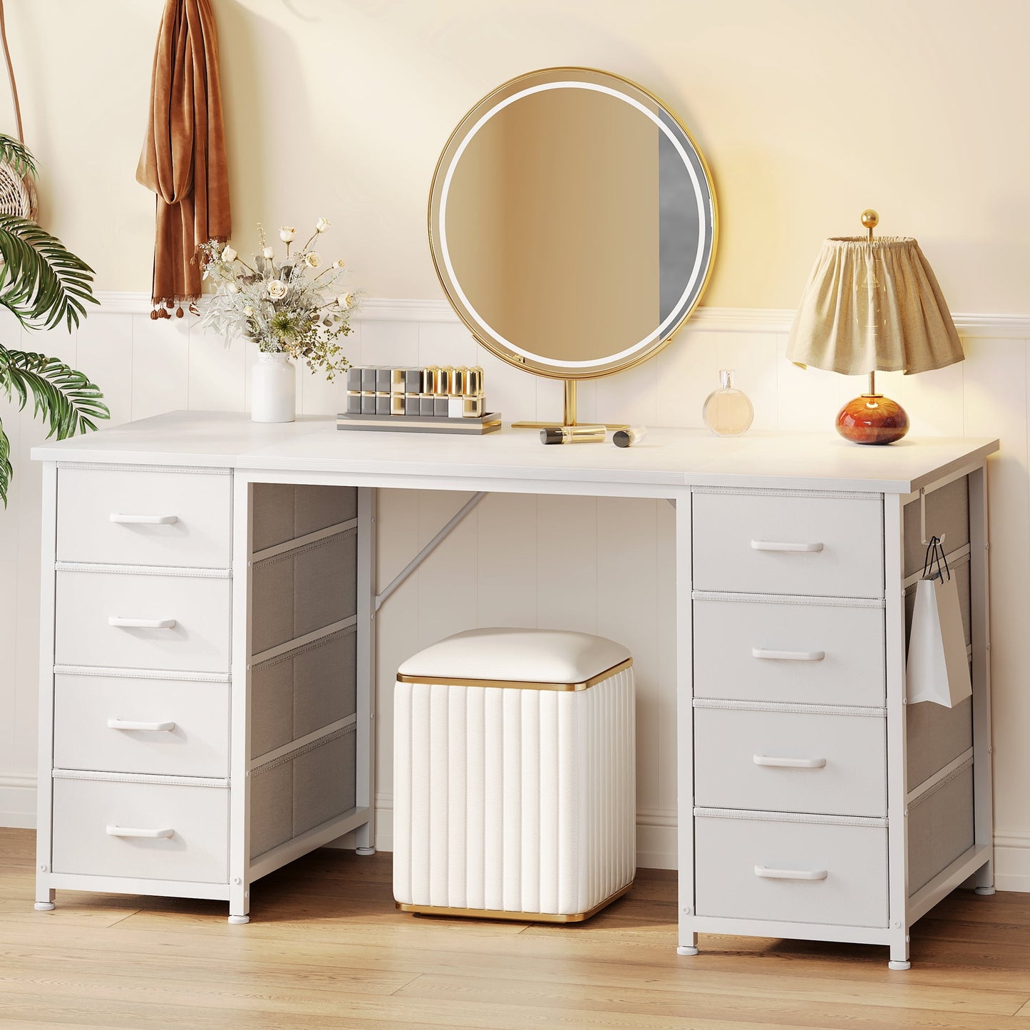 White Vanity Desk with 8 Drawers, Modern Makeup Table for Bedroom, Home Office or Dressing Room