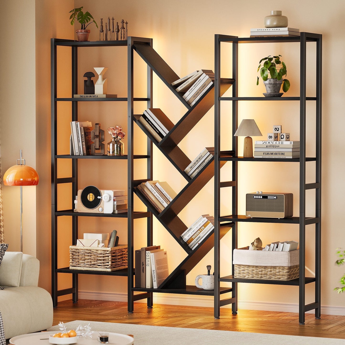 Triple 5-Tier Bookshelf with LED Lights for Living Room, 17 Open Shelves Large Bookcase with App Control RGB Light Strip, Modern Tree Design Storage Shelf with Metal Frame, Black