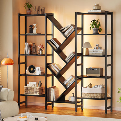 Triple 5-Tier Bookshelf with LED Lights for Living Room, 17 Open Shelves Large Bookcase with App Control RGB Light Strip, Modern Tree Design Storage Shelf with Metal Frame, Black