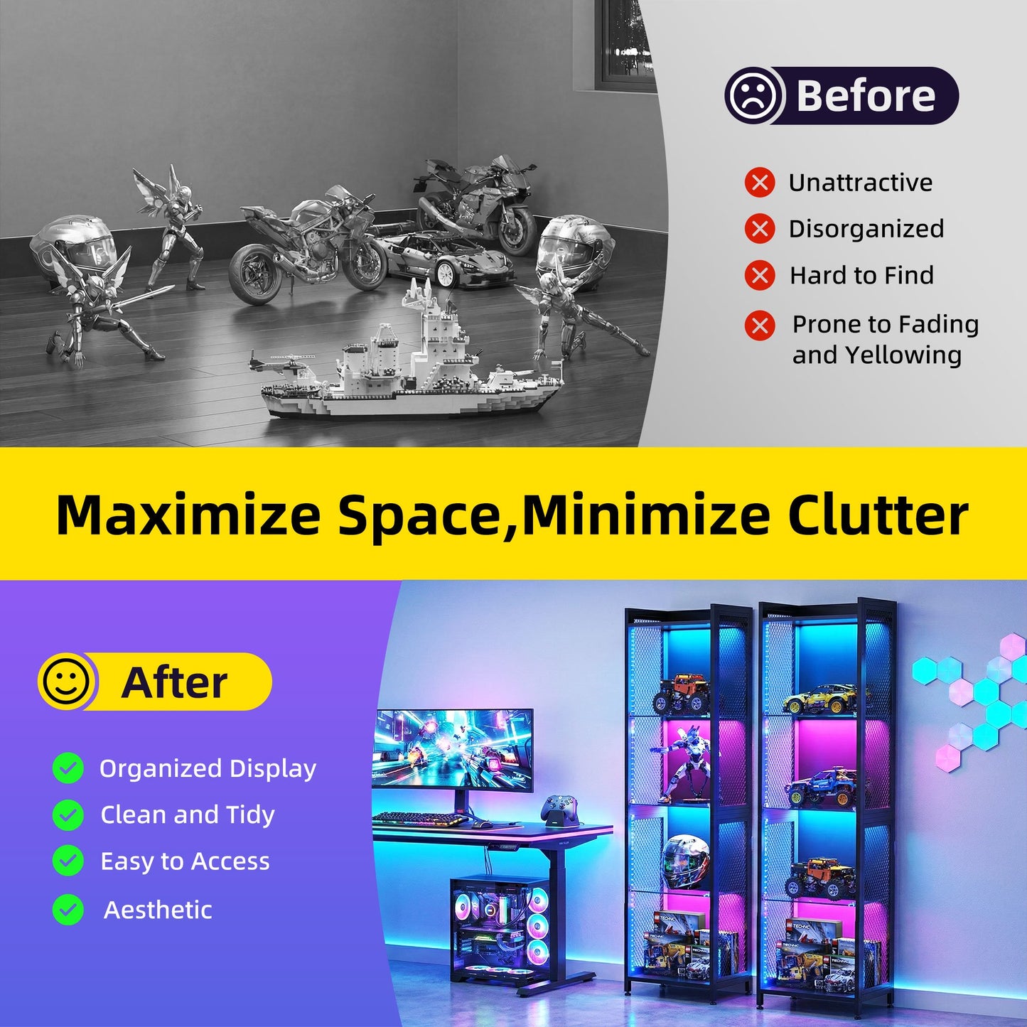 Casacomoda 4-Tier LED Display Cabinet, Gaming Glass Shelf Curio Cabinet with RGB Lights, Open Glass Corner Storage Shelf for Collectibles, Figures, Gaming Room & Living Room, Black