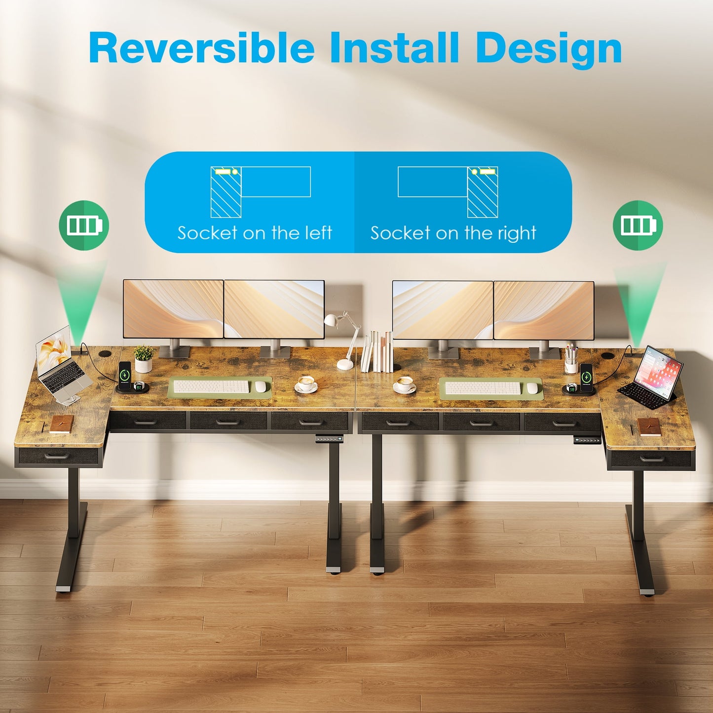 Electric Standing Desk with Drawers, 63 Inch Height Adjustable Desk with Power Outlets, Sit Stand Table, Writing Computer Desk for Home, Office, Workstation, Rustic Brown