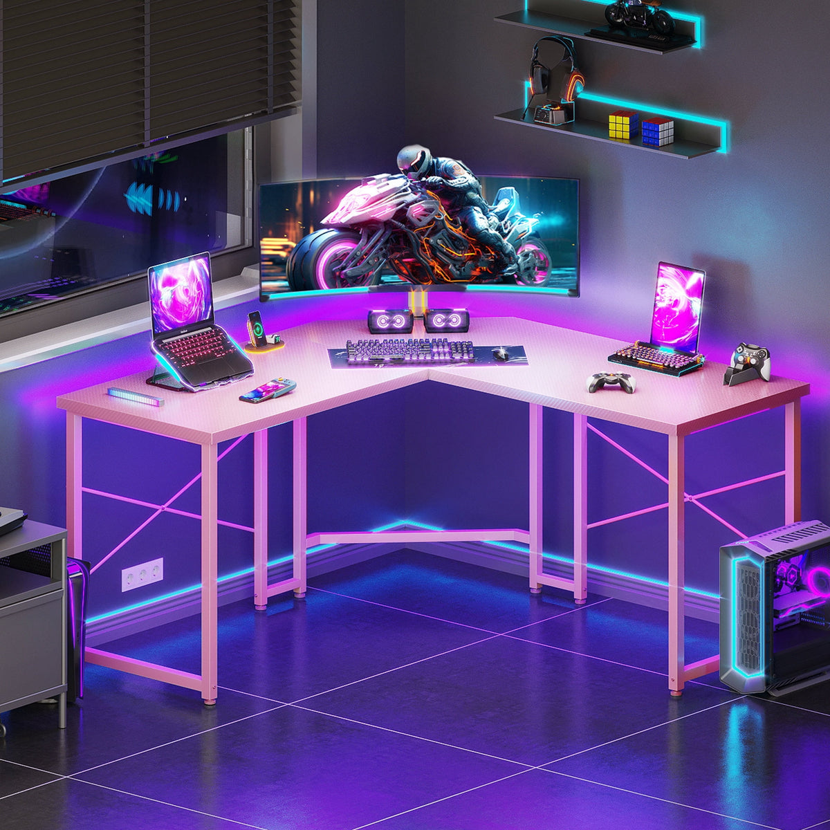 Casacomoda Computer Desk L Shaped, 51 Inch Reversible L Shaped Desk, Gaming Desk, Corner Desk, Gaming Table, Pink