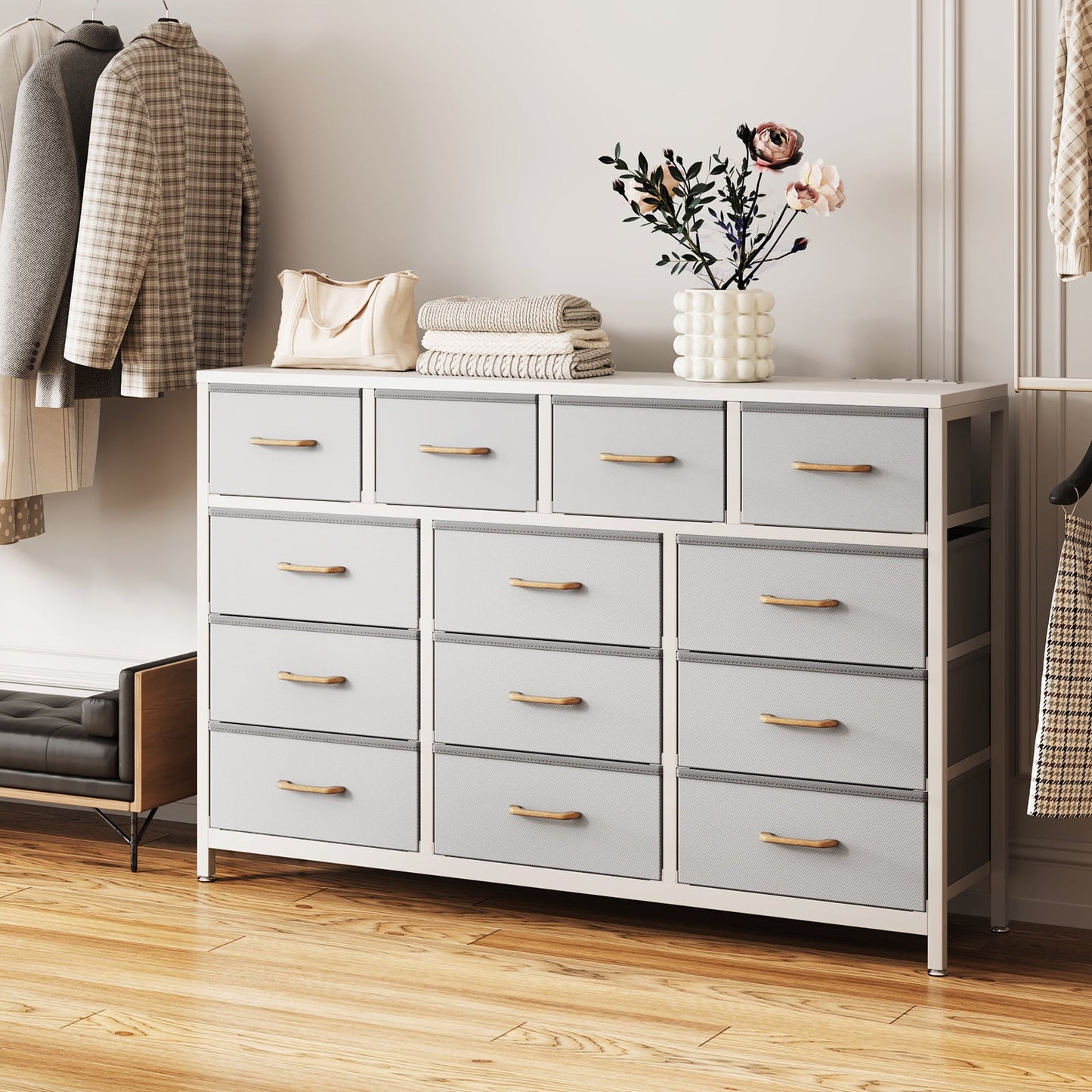 Casacomoda 55-Inch Wood Dresser with 13 Storage Drawers & Built-in Power Outlets, Large Bedroom Dresser and TV Stand, Light Grey