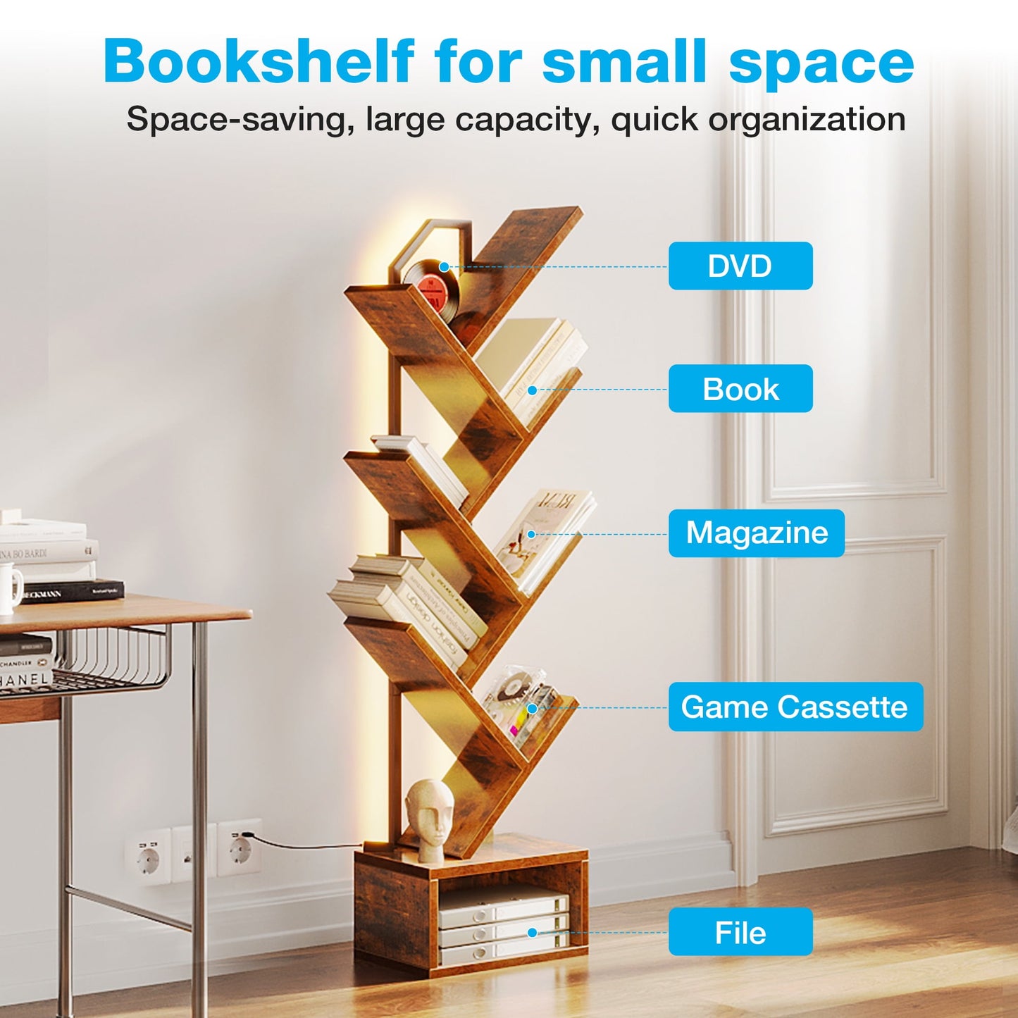 Casacomoda 6-Tier Tree Floor Lamp with Integrated LED Shelving, Modern Display Stand for Living Room & Home Office, Vintage