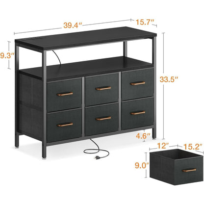 Dresser with Charging Station, Dresser for Bedroom with 6 Large Fabric Drawers, Dresser TV Stand with Open Shelves for 50 Inch TV, Black