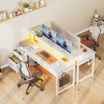 Computer Desk with 4 Drawers, 55 Inch Reversible Desk with Led Lights & Power Outlet, Home Office Desk with File Drawer & Monitor Stand, White