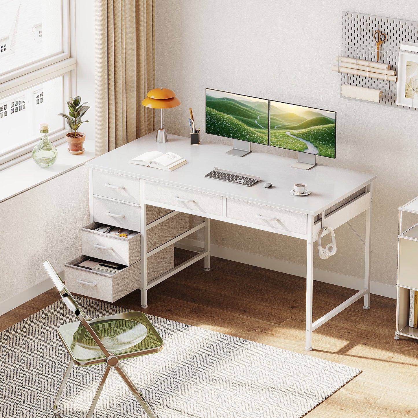 Casacomoda 48" Home Office Desk with 6 Drawers, Modern Computer Desk with Small Space, Corner Computer Desk, Pure White