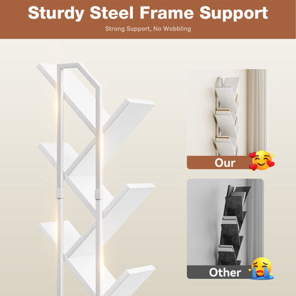 Casacomoda 6 Tier Tall Tree Bookshelf with LED Lights, Bookcase with Double Storage Cabinet, Narrow Corner Display Shelf, Floor Standing Organizer for Living Room, Bedroom, Home Office, White