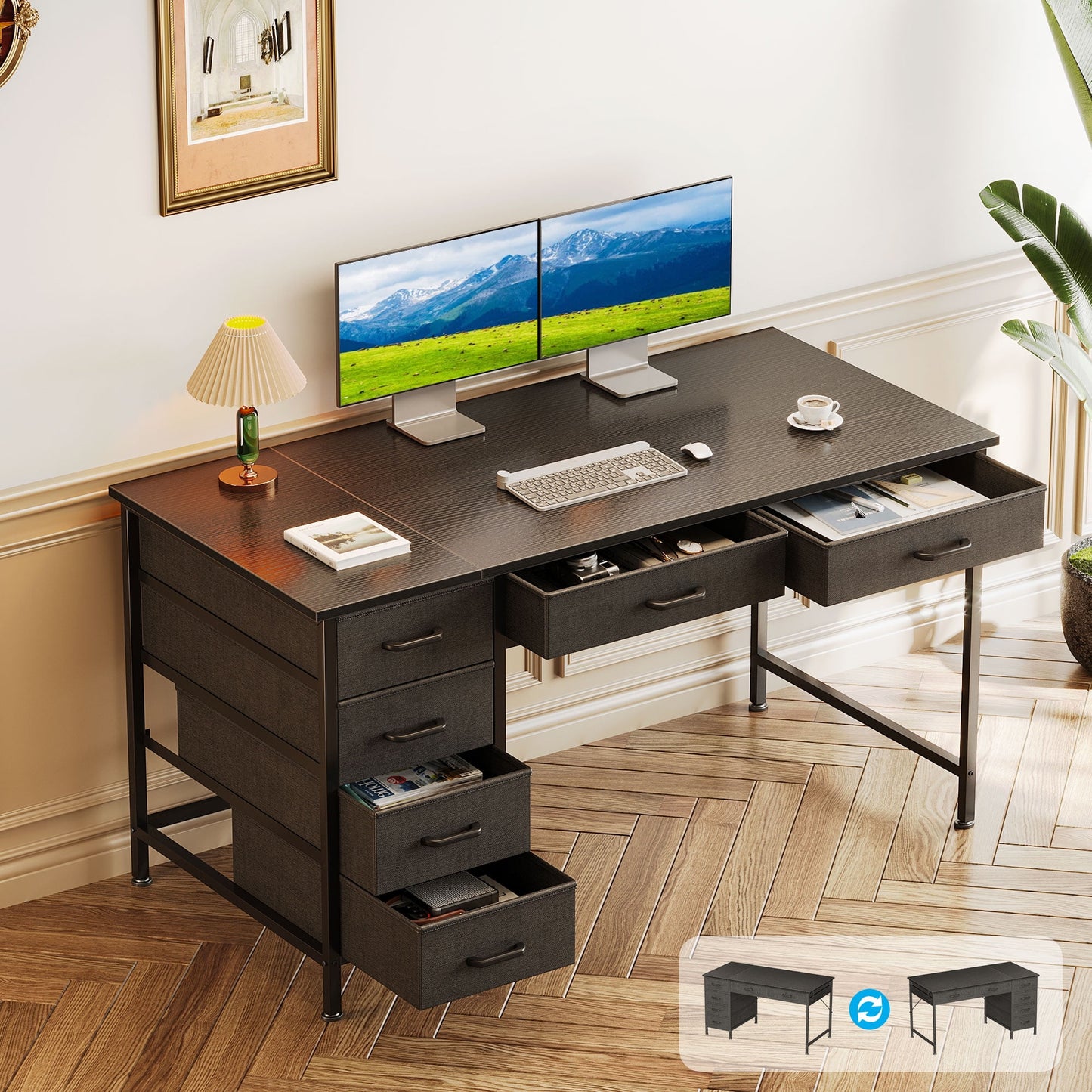 Casacomoda 48" Home Office Desk with 6 Drawers, Modern Computer Desk with Small Space, Corner Computer Desk, Black