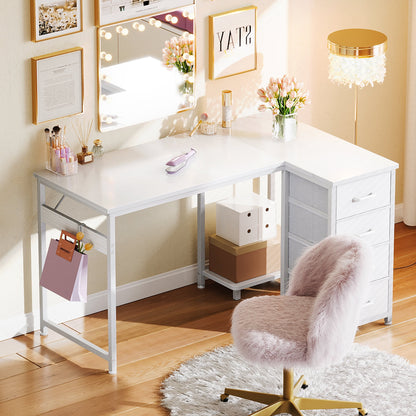 48 inch Computer Desk with 4 Fabric Drawers — Home Office Desks with Storage, Writing Desk with Side Hook, Desk Study/Work Table for Bedroom and Small Space, White