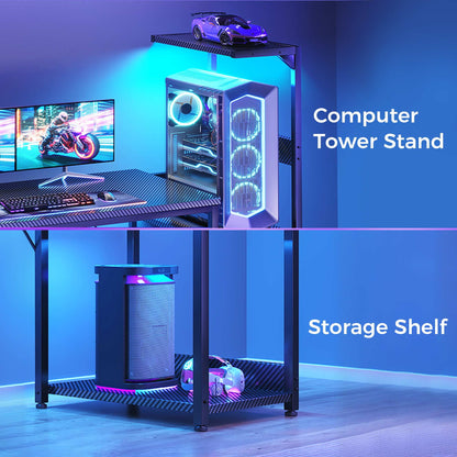 Casacomoda 54" Gaming Desk with LED Lights, Computer Desk with Shelf & PC Stand, Reversible Display Shelf, Carbon Fiber Black