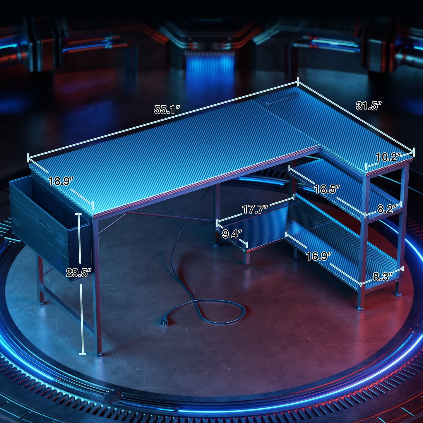 55 inch Large Office Desk with Storage Shelve, Gaming Table with Power Outlets for Large Spaces, Black Carbon