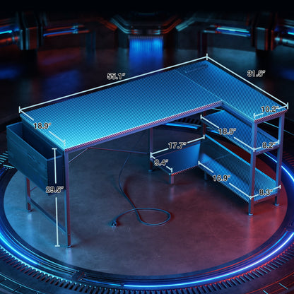 55 inch Large Office Desk with Storage Shelve, Gaming Table with Power Outlets for Large Spaces, Black Carbon
