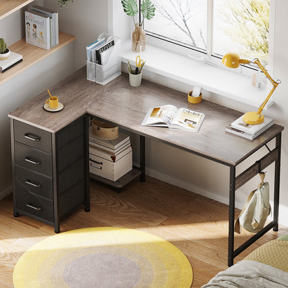 48 inch Computer Desk with 4 Fabric Drawers — Home Office Desks with Storage, Writing Desk with Side Hook, Desk Study/Work Table for Bedroom and Small Space, Oak Grey