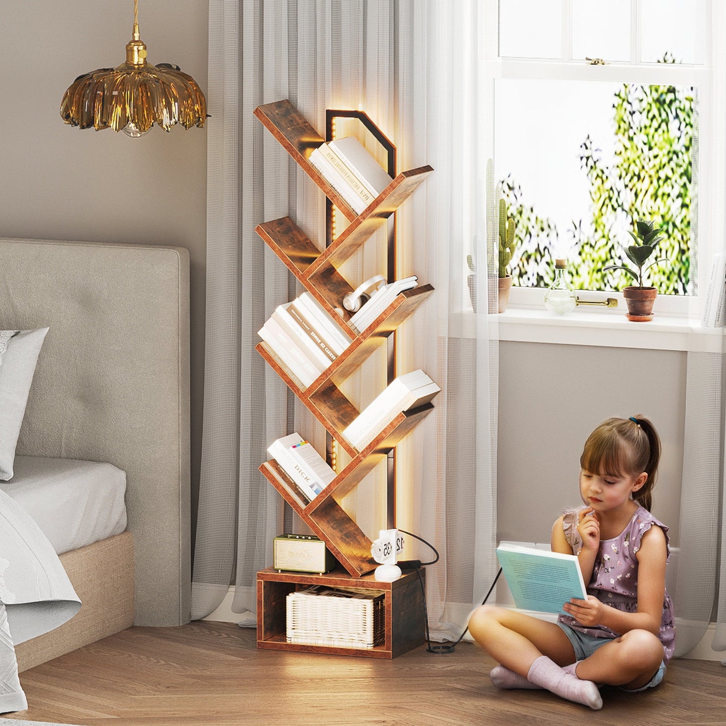 Casacomoda 6-Tier Tree Floor Lamp with Integrated LED Shelving, Modern Display Stand for Living Room & Home Office, Vintage