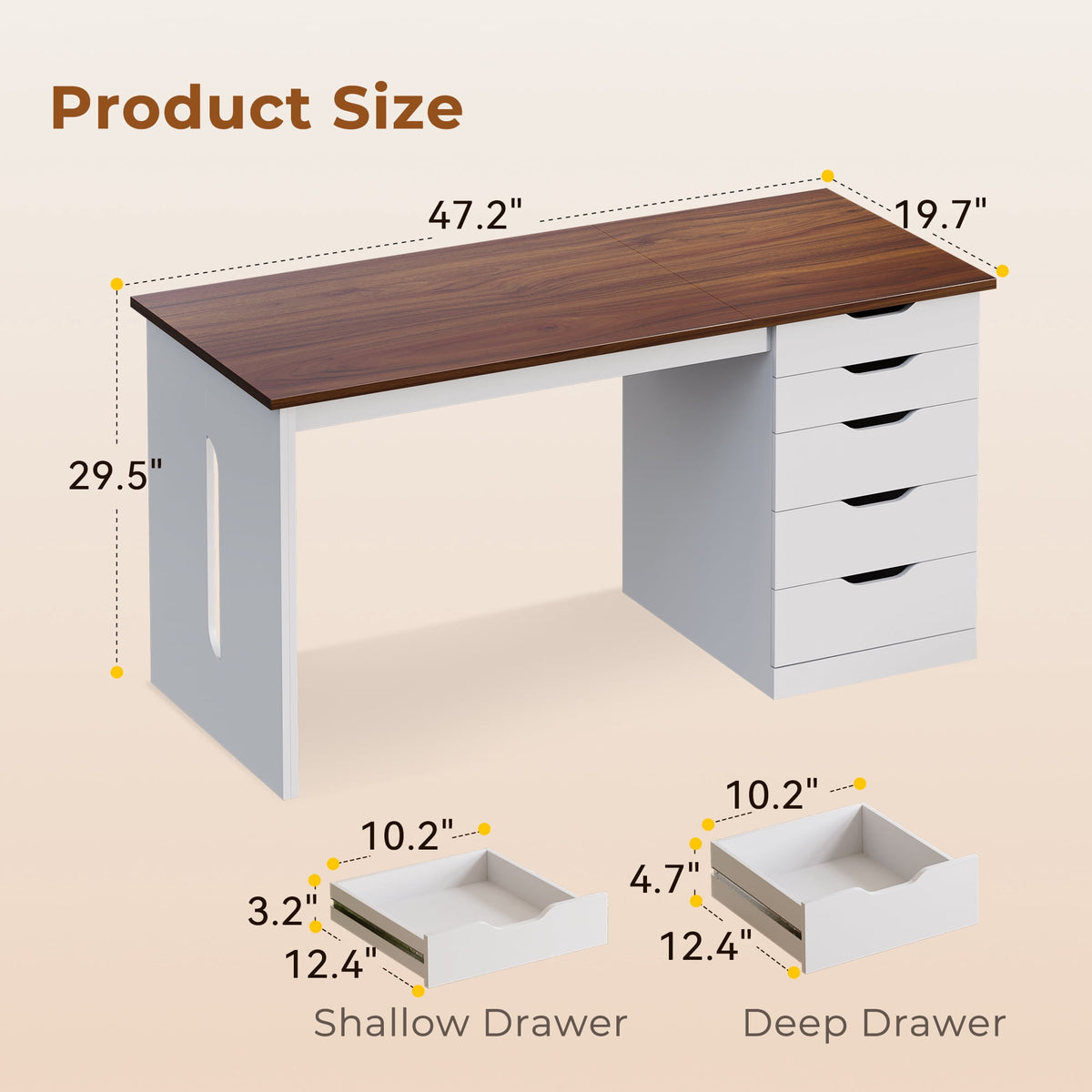 Casacomoda 47” Home Office Desk with 5 Drawers, Compact Writing Desk with Storage, Modern Computer Desk for Bedroom, Study Room and Small Spaces