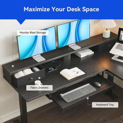 L-Shaped Electric Standing Desk, Height Adjustable Corner Desk with Fabric Drawers, Computer Desk with Monitor Shelf & Keyboard Tray, 3 Power Outlets & 2 USB Ports, Black