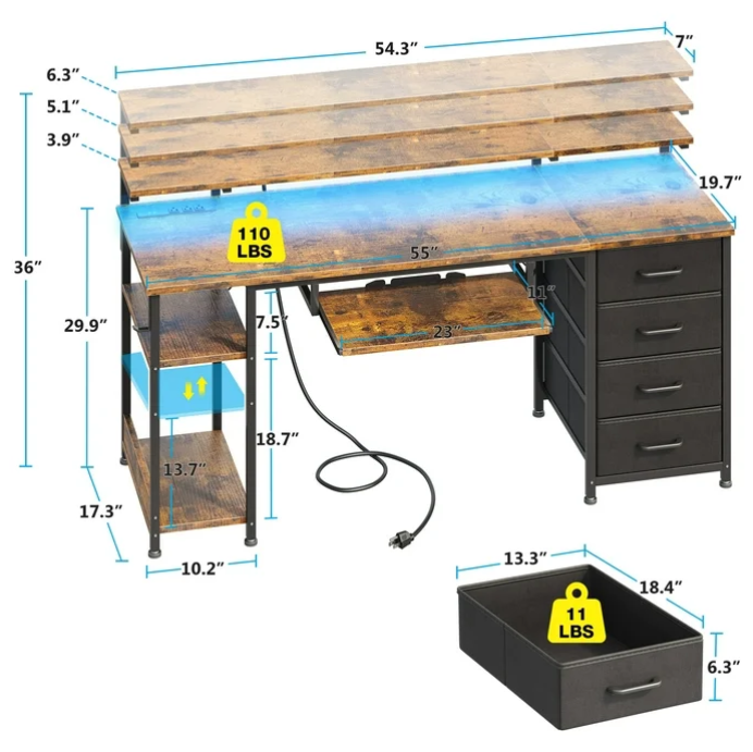Casacomoda 55 inch Office Desk with Power Outlet and Adjustable Monitor Stand, Computer Desk with Fabric Drawer and Keyboard Tray, Gaming Desk with LED Light & PC Stand, Vintage