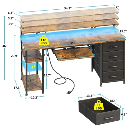 Casacomoda 55 inch Office Desk with Power Outlet and Adjustable Monitor Stand, Computer Desk with Fabric Drawer and Keyboard Tray, Gaming Desk with LED Light & PC Stand, Vintage
