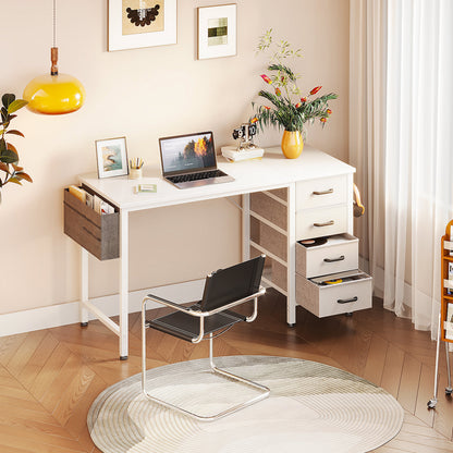Casacomoda Small Computer Desk with 4 Fabric Drawers — Home Office Desks with Storage, Writing Desk with Side Hook and Cloth Bag, Study/Work Table for Bedroom and Small Space, White