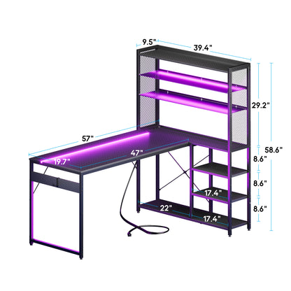 KKL L Shaped Gaming Desk, Reversible Computer Desk with Power Outlet, Gaming Table with LED Lights, L Shaped Desk with Glass Display Storage Shelves, Glass Gaming Desk, Black