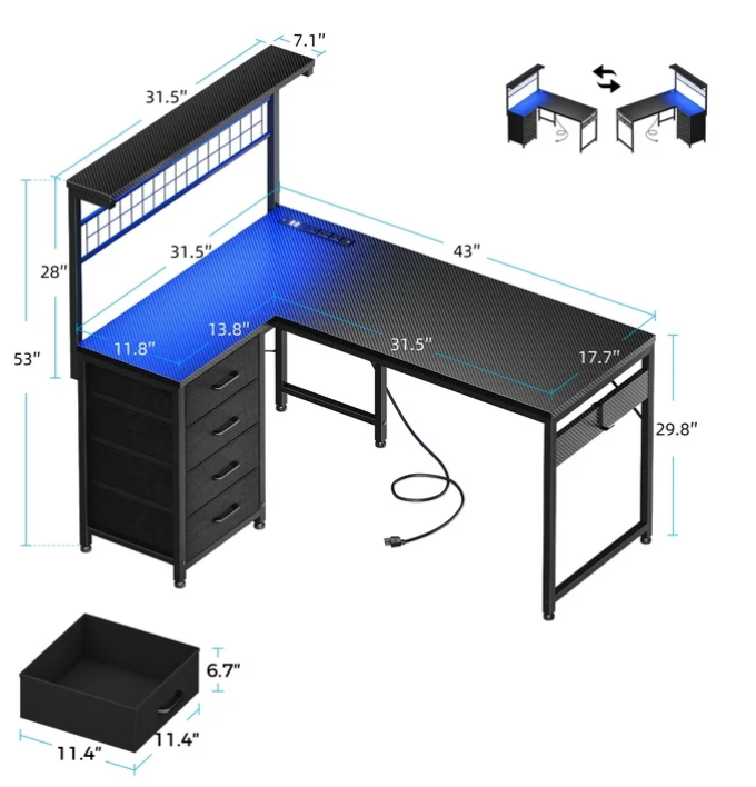 Casacomoda 43 inch L Shaped Desk with 4 Storage Drawers, Reversible L Shaped Gaming Desk with Power Outlets & LED Lights, Computer Desk with Movable CPU Stand & Hutch for Home Office, Black
