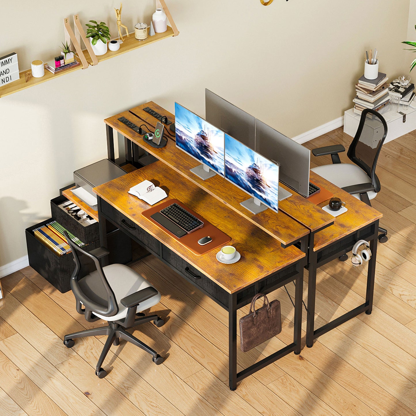 Computer Desk with 4 Drawers, 55 Inch Reversible Desk with Power Outlet, Home Office Desk with File Drawer & Monitor Stand, Vintage