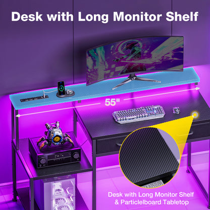 Casacomoda 55 Inch Computer Desk, Gaming Desk with Led Lights & Power Outlet, Office Desk with Printer Stands, Reversible Desk with Monitor Shelf, Carbon Fiber Black