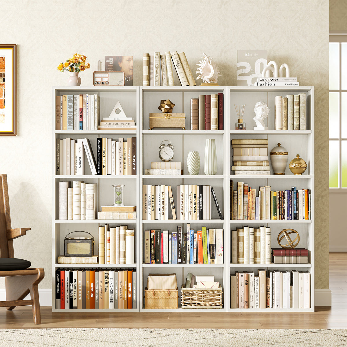 Casacomoda Tall Bookcase, Bookshelf, 5-Tier Display Storage Shelf, Space-Saving Bookshelf for Living Room, Bedroom, Home Office, Antique White