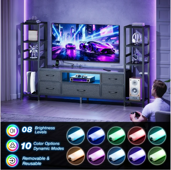 Casacomoda TV Stand for 40–50 " TV, Entertainment Center with LED Lights & Power Outlets, 71" TV Console with 5 Fabric Drawers and Open Shelves for Living Room or Bedroom, Black