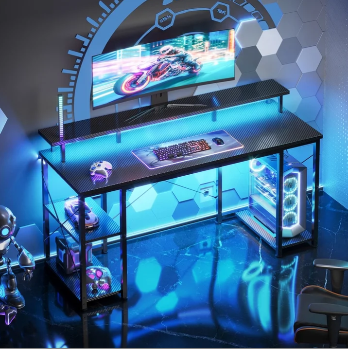 Casacomoda 48 Inch Gaming Desk with LED Lights, Computer Desk with Monitor Stand, Storage Shelves and CPU Stand, Home Office Desk, Black