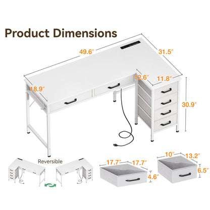 Casacomoda 50 inch L Shaped Desk with 6 Drawers, Computer Desk with Power Outlets & USB Ports, Home Office Reversible Corner Desk for Small Space, Study Work Table with Hook, White