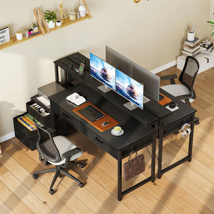 Computer Desk with 4 Drawers, 55 Inch Reversible Desk with Power Outlet, Home Office Desk with File Drawer & Monitor Stand, Black