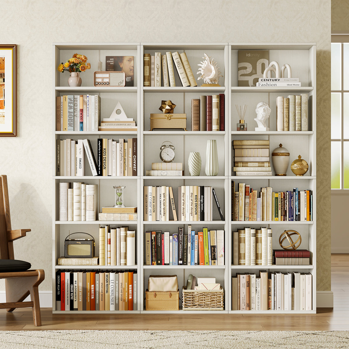 Casacomoda 6-Tier Tall Bookcase, Display Storage Bookshelf set of 2, Space-Saving Bookshelf for Living Room, Bedroom, Home Office, Vintage White, 2-Pack