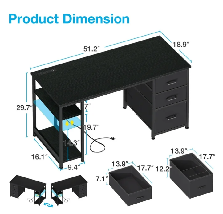 51 Inch Computer Desk with File Drawers & USB Power Outlets- Reversible Home Office Desk with Storage Shelves, Work from Home, Writing Table for Bedroom, Black