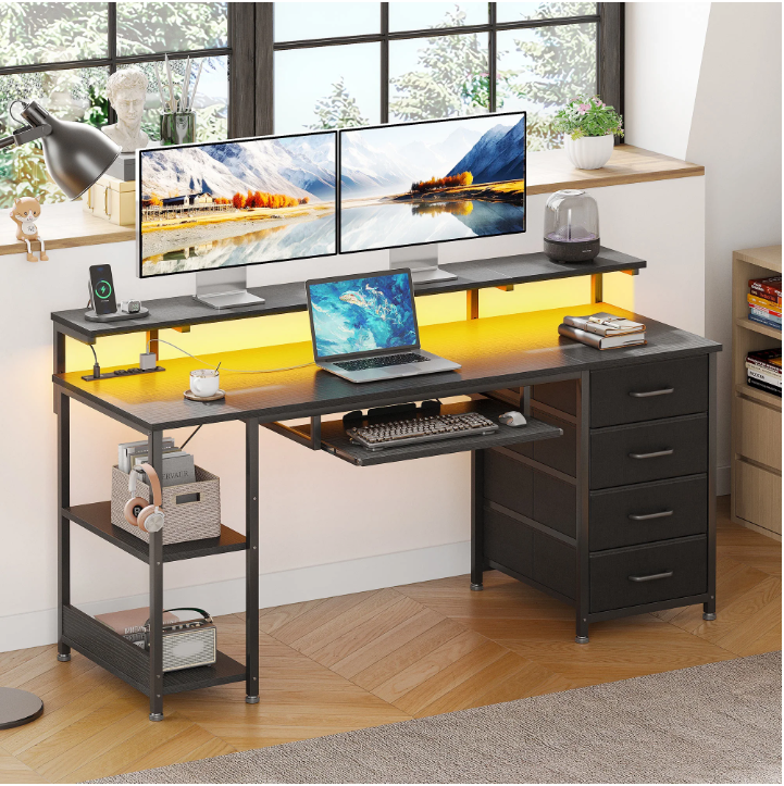 55 Inch Office Desk with Power Outlet and Adjustable Monitor Stand, Computer Desk with Fabric Drawer and Keyboard Tray, Gaming Desk with LED Light & PC Stand, Table for Bedroom with USB Ports, Black