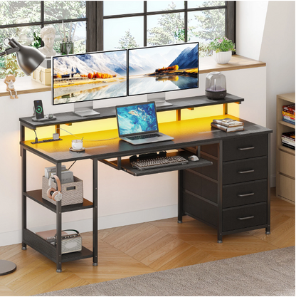 55 Inch Office Desk with Power Outlet and Adjustable Monitor Stand, Computer Desk with Fabric Drawer and Keyboard Tray, Gaming Desk with LED Light & PC Stand, Table for Bedroom with USB Ports, Black