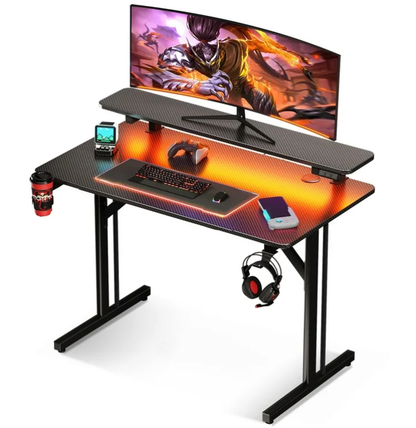 31 inch Gaming Desk with Monitor Stand, T- Shaped Carbon Fiber Surface Computer Desk with Double Headphone Hooks, USB Gaming Rack & Cup Holder, Black